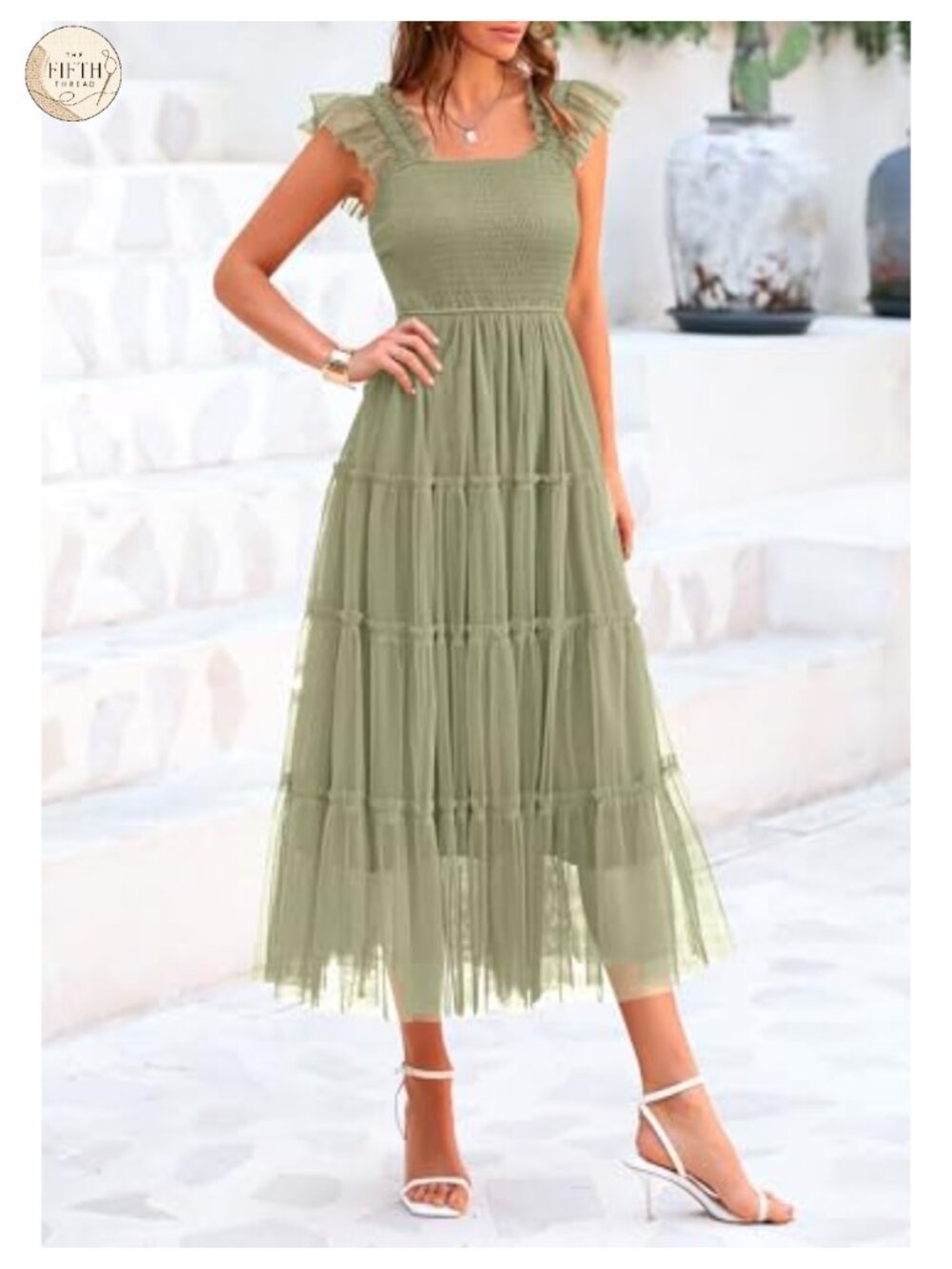 Women's Smocked Midi Tulle Dress Square Neck Sleeveless Fit and Flare A-Line - Picture 4 of 6